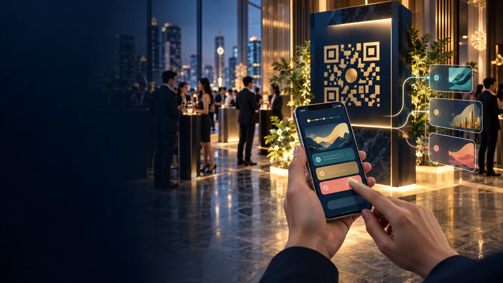 ภาพแนวคิดผู้ร่วมงานสแกน QR เพื่อเล่น Quiz