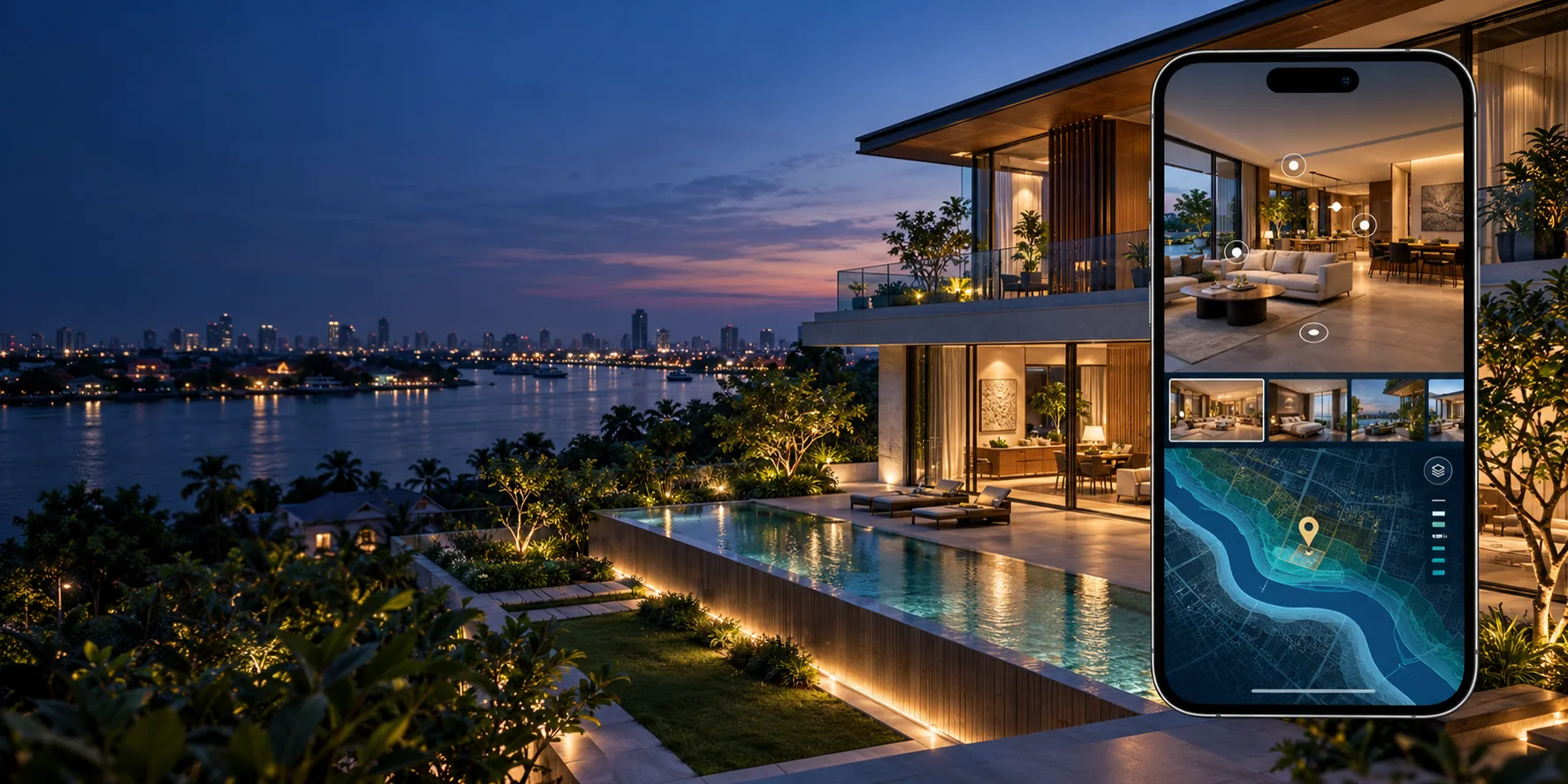 ภาพแนวคิดบ้านริมแม่น้ำและหน้าจอ Interactive Tour