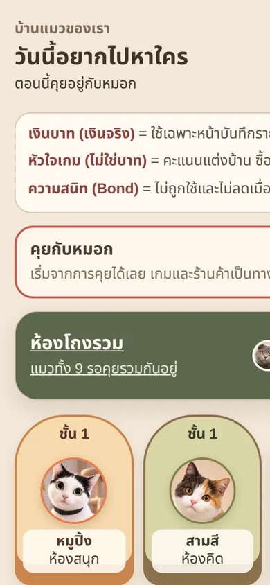หน้าบ้านแมวและแผนที่ในแอปแมวบำบัด